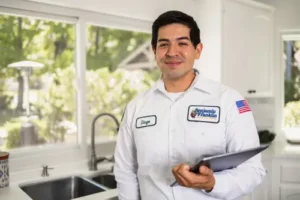 Closeup of Benjamin Franklin Plumbing Tech, Diego, standing in the kitchen of a home in Niceville FL