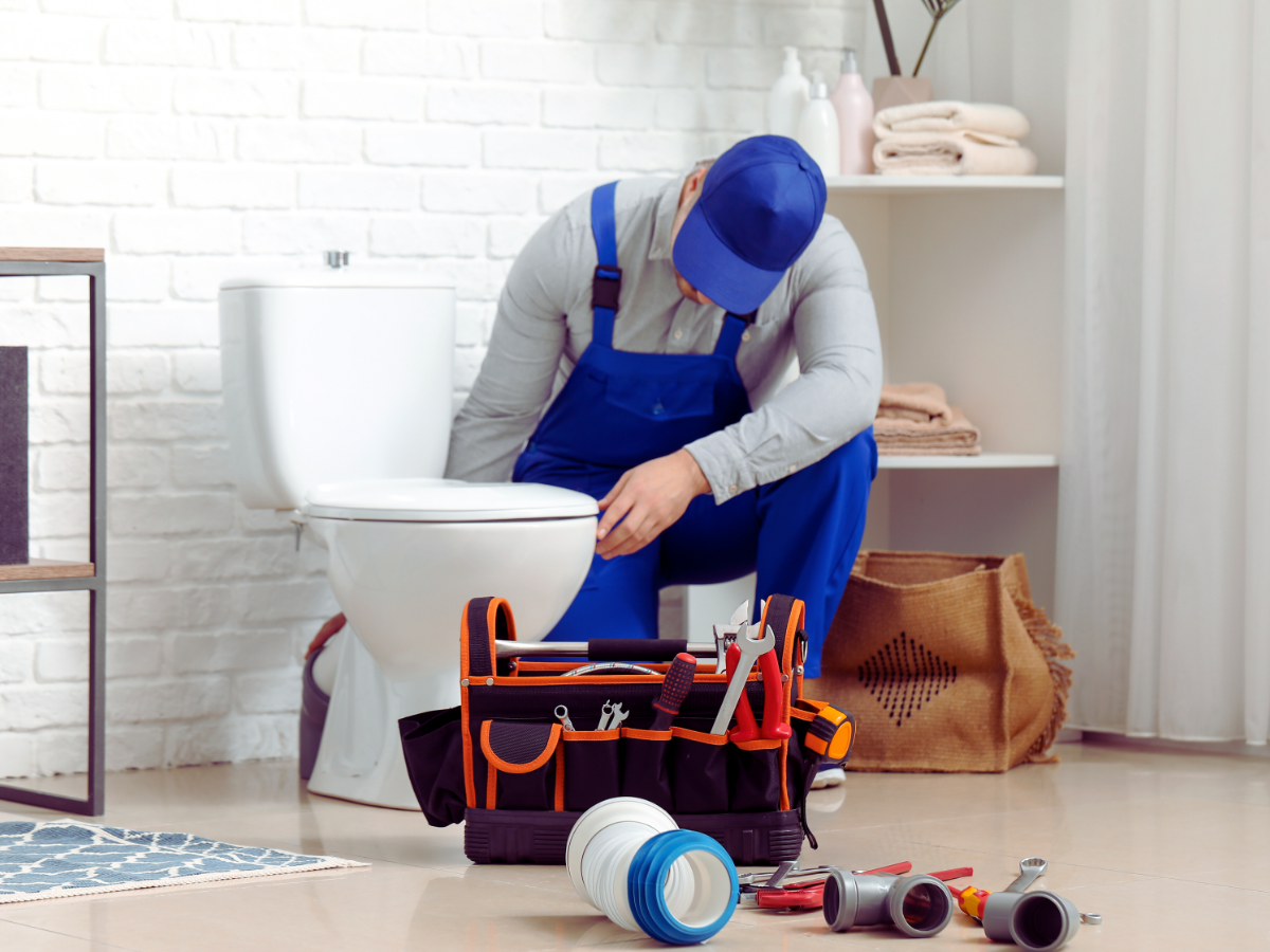 Plumber measuring for proper toilet flange height