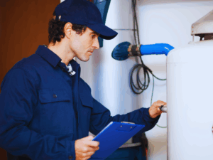Plumber getting ready to flush water heater
