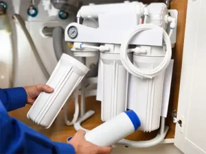 Closeup of the filters on a reverse osmosis system installed in a Niceville FL home