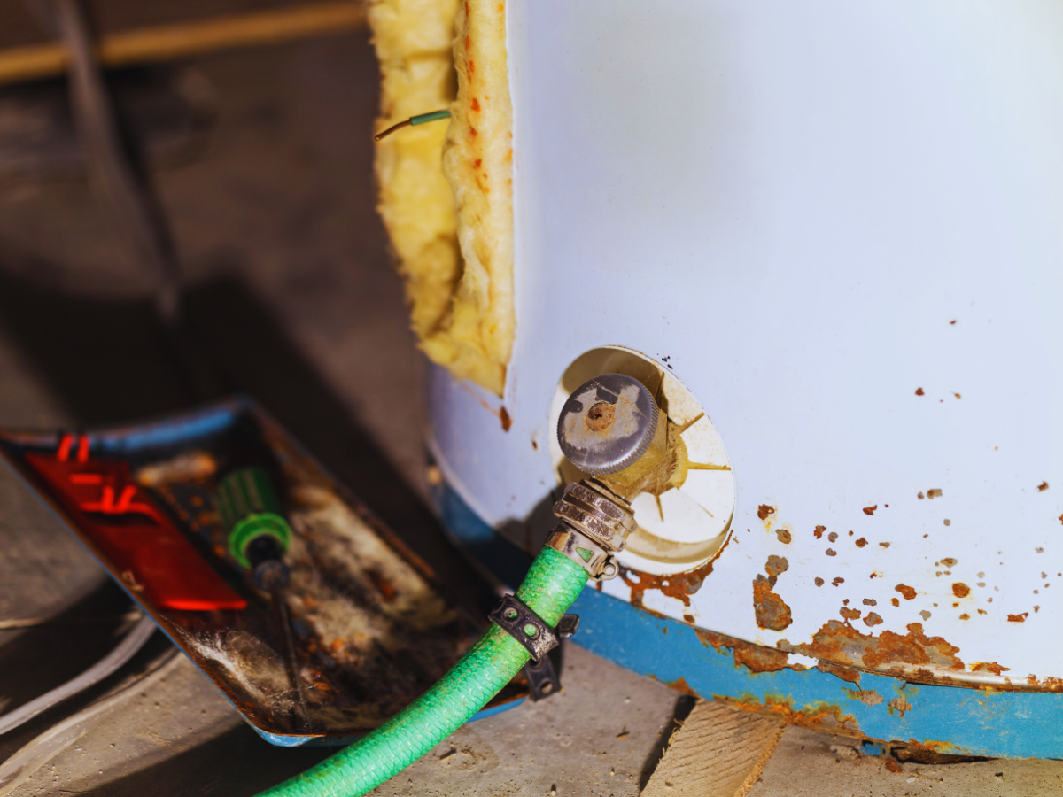 green garden hose attached to old water heater
